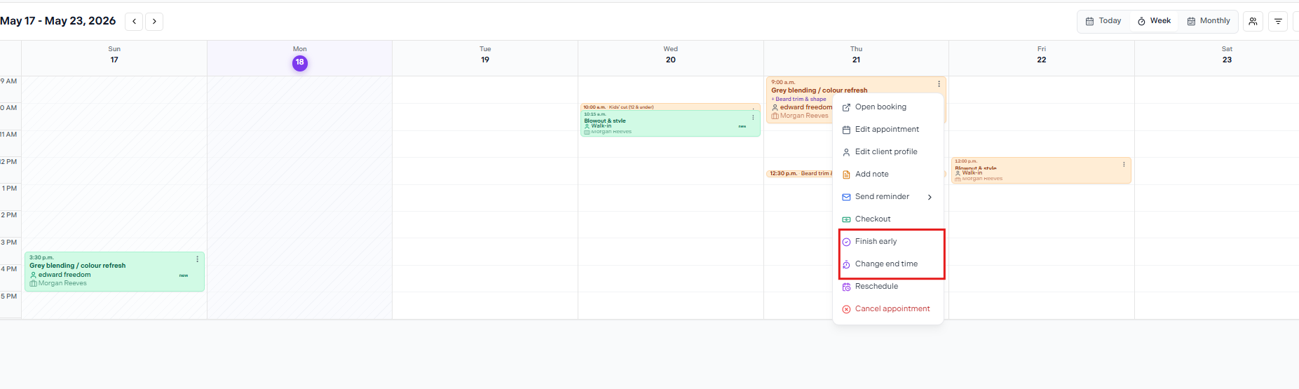 Finish early and Change end time in menu